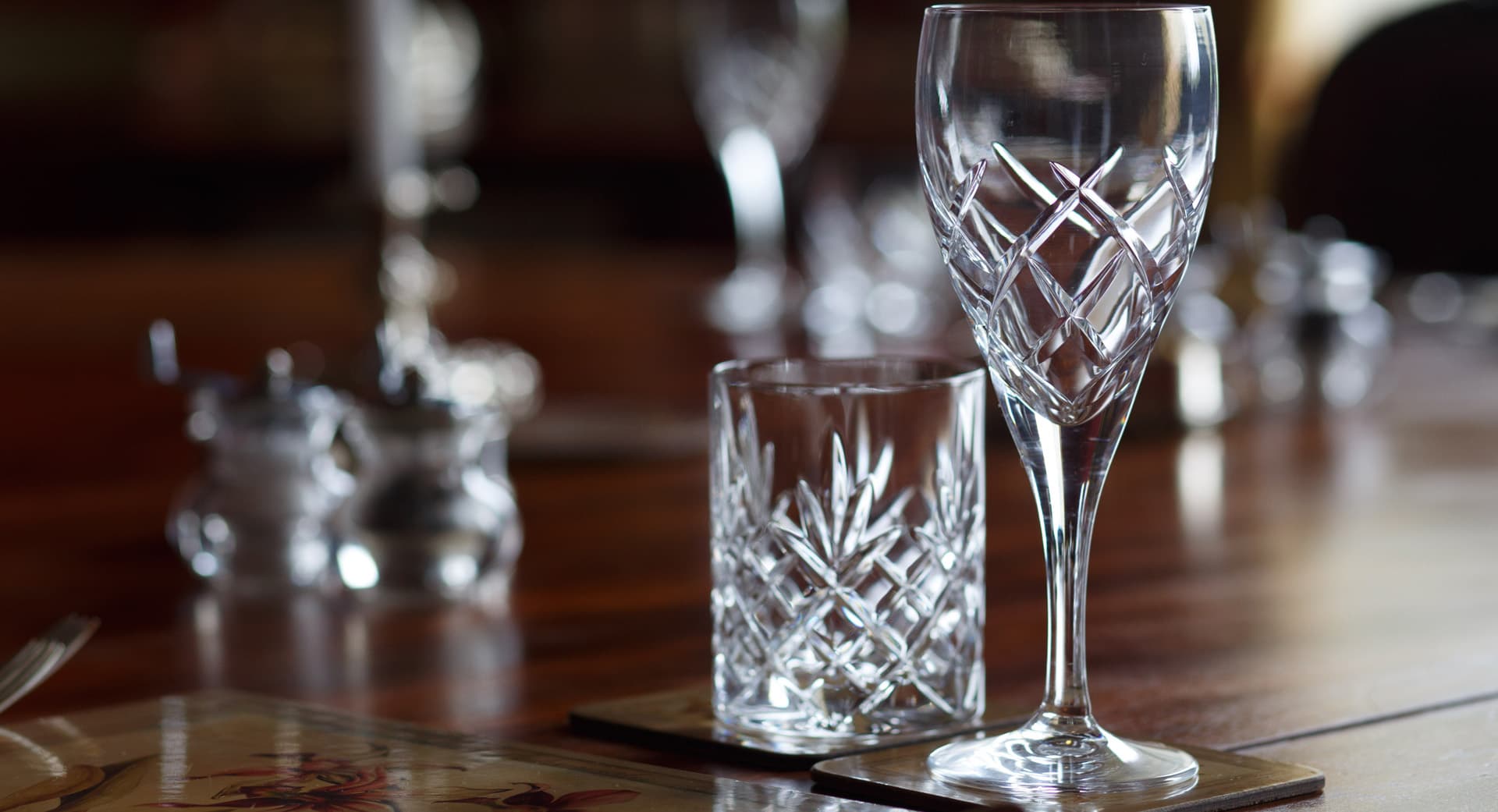 Wine and whiskey glasses set out at Temple House, County Sligo