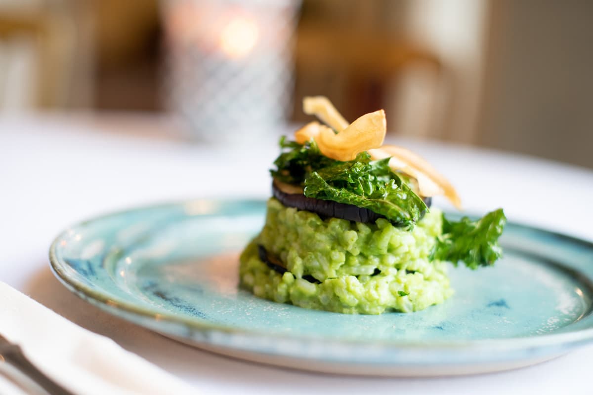 Pea, risotto and aubergine starter