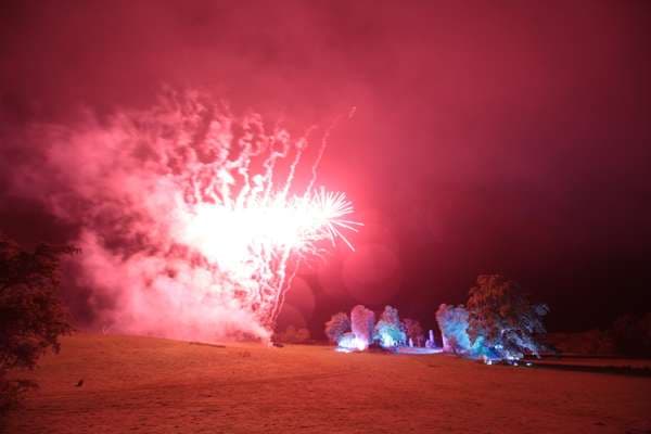 Fireworks over Temple House on a wedding night
