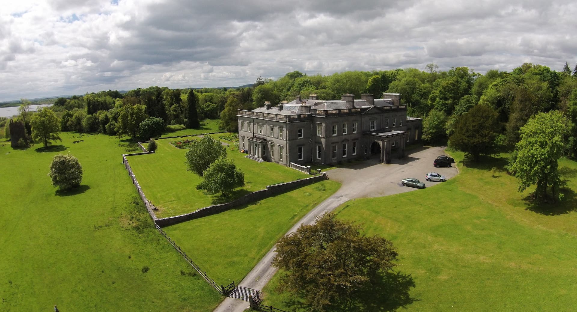 Aerial view of Temple House and its lake in County Sligo