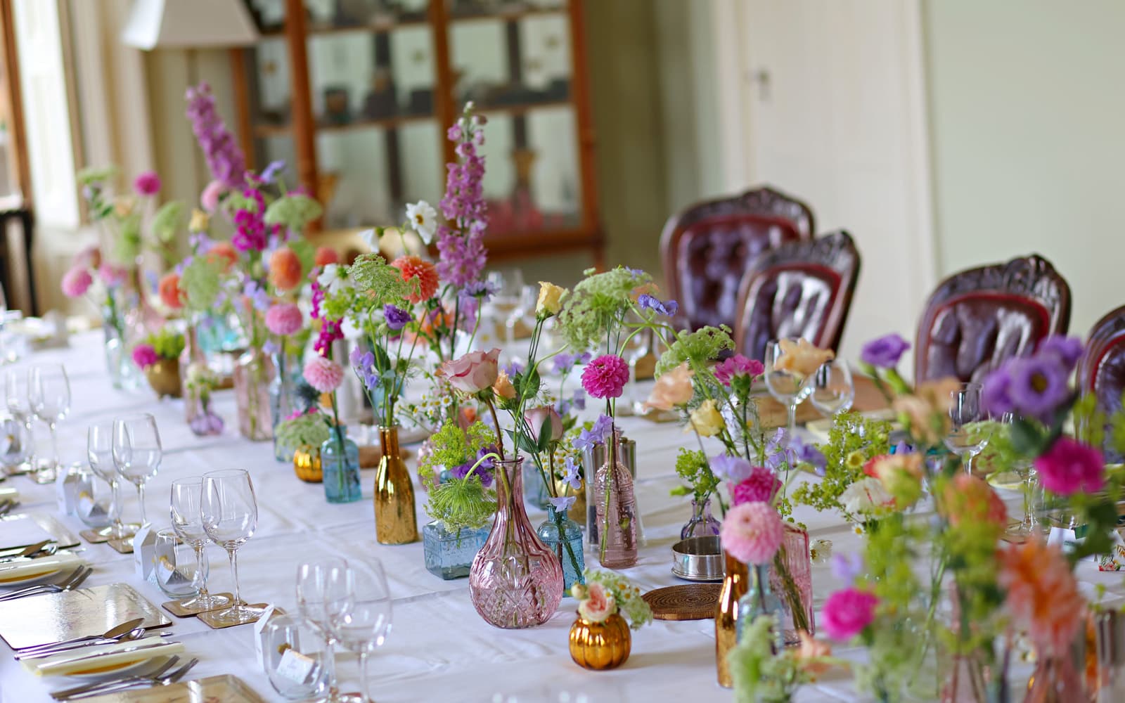 Flowers on the table at an elopement wedding at Temple House