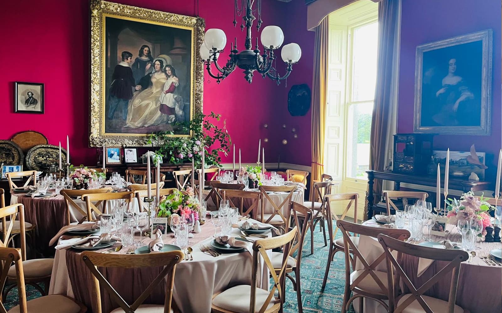 Wedding reception dining in the deep red room at Temple House