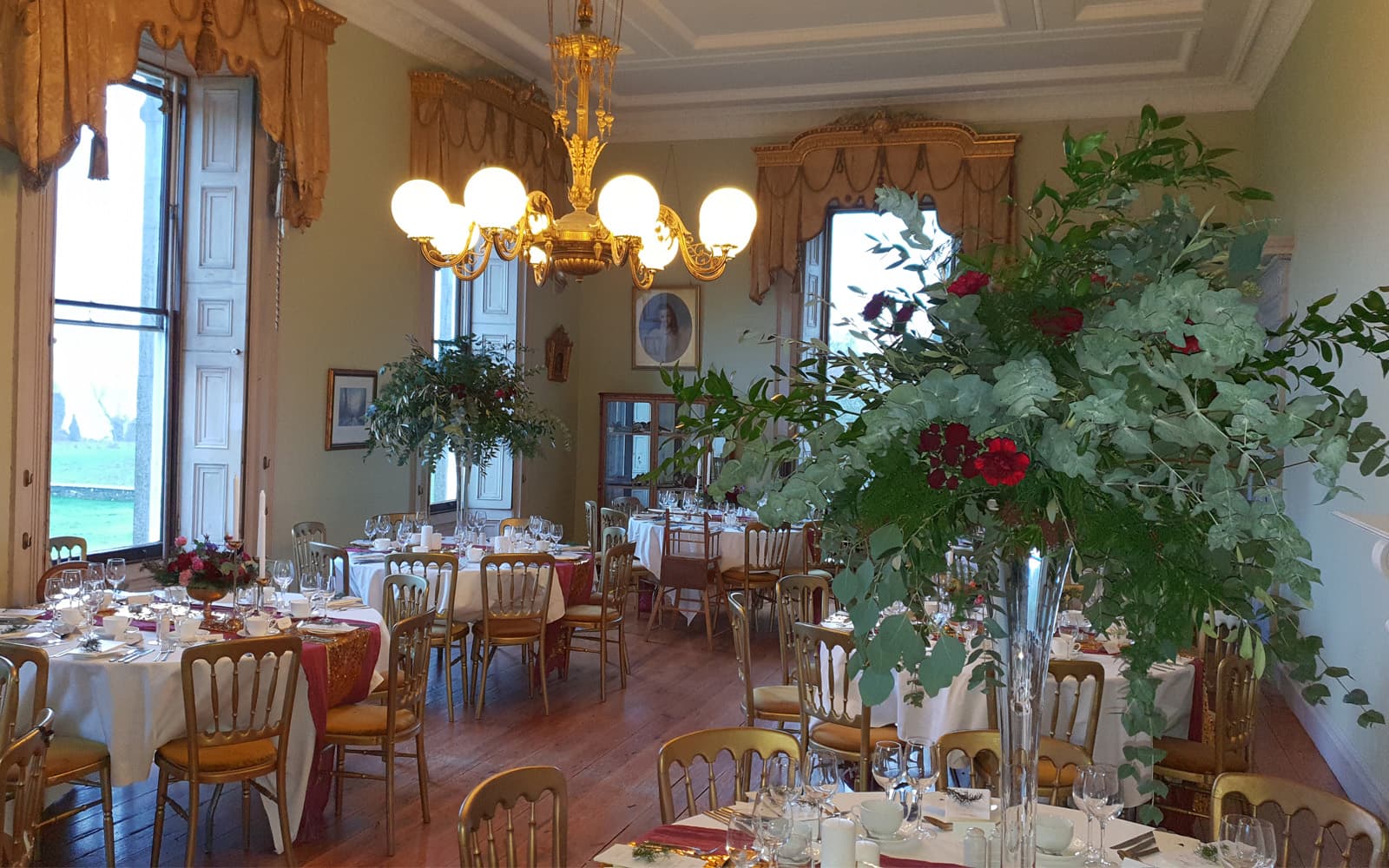 Wedding flowers on tables laid up at Temple House