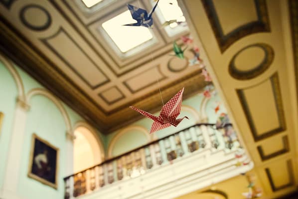 Paper birds in the vestibule for a wedding at Temple House